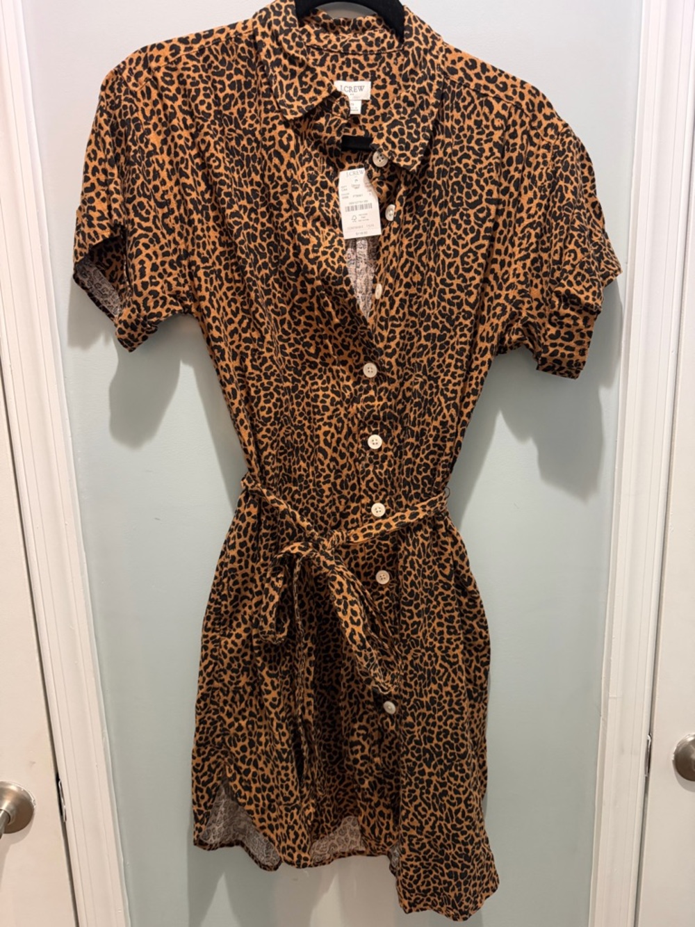 J. Crew Leopard Print Shirt Dress Linen Blend Cuffed Sleeves NWT